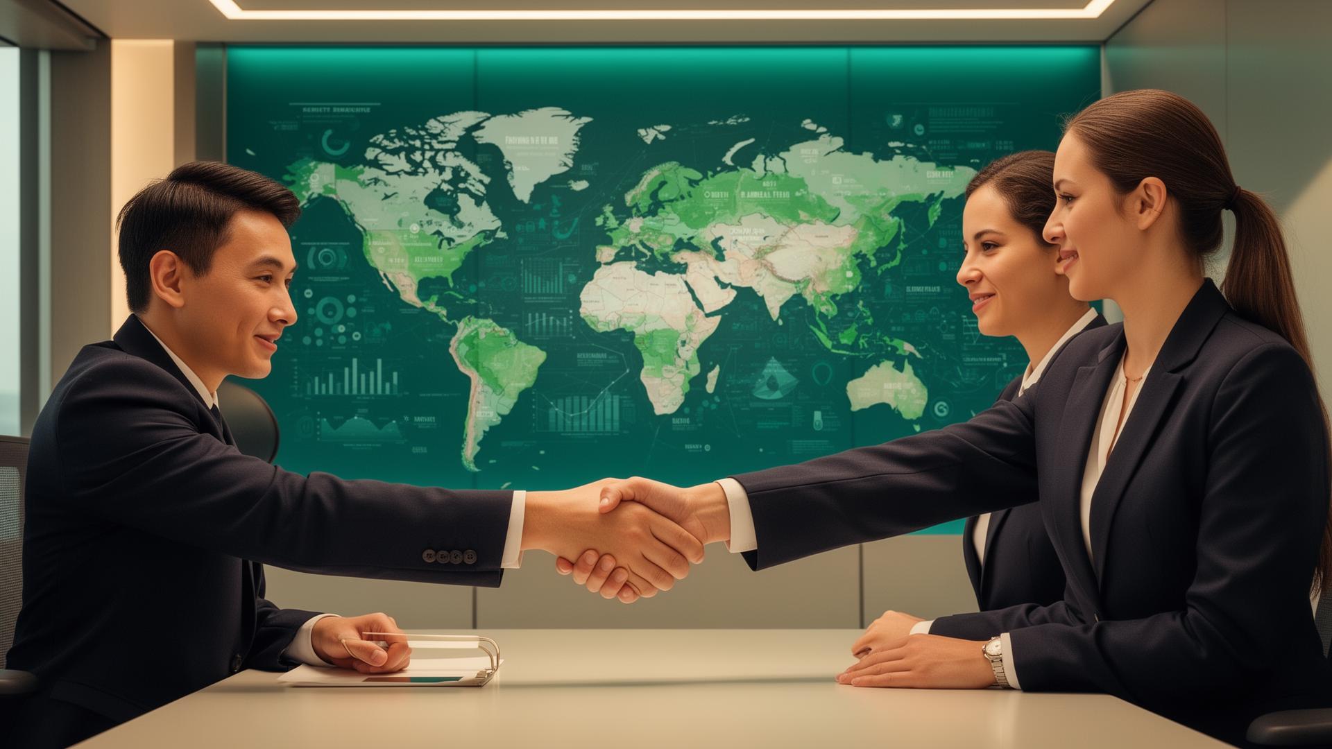 International business handshake with global trade visuals